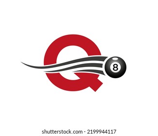 Letter Q Billiards or Pool Game Logo Design For Billiard Room or 8 Ball Pool Club Symbol Vector Template