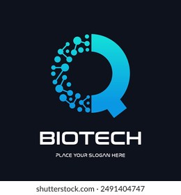 Letter Q biotechnology vector logo template. This logo use molecule symbol. Suitable for biology and chemistry.