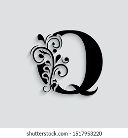 letter Q. Black flower alphabet.  Beautiful capital letters.