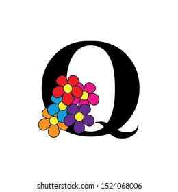 letter Q. Black flower alphabet.  Beautiful capital letters.