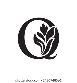 letter Q. Black flower alphabet.  Beautiful capital letters with shadow
