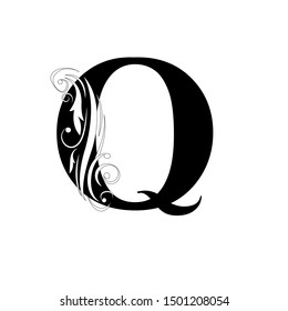 letter Q. Black flower letters,  alphabet.  Beautiful capital letter. vector