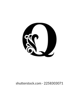 letter Q black . flower  letters. Vintage ornament initial Alphabet. Logo vector 
