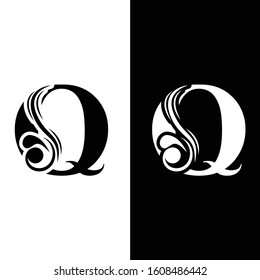 letter Q. Black and white flower alphabet.  Beautiful capital letters 