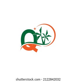 Letter Q blends with coconut trees by the beach at night template