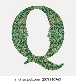 Letter Q botanical pattern font, inspired by William Morris, isolated vector element. Vintage botanical patterned font inspired by William Morris. Floral vintage patterned typography vector.