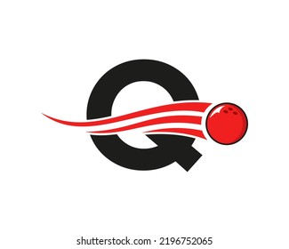 Letter Q Bowling Logo. Bowling Ball Symbol With Red Moving Ball Vector Template