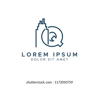 Letter Q Building Line Vector Logo Design Template