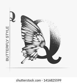 Letter Q with butterfly silhouette. Monarch wing butterfly logo template isolated on white background. Calligraphic hand drawn lettering design. Alphabet concept. Monogram vector illustration. EPS 10