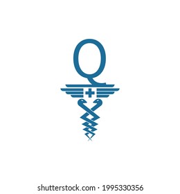 Letter Q with caduceus icon logo design vector template