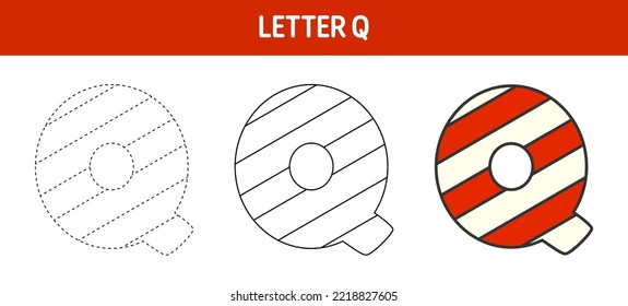 Letter Q Candy Cane, tracing and coloring worksheet for kids