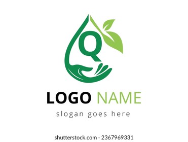 Letter Q With Charity Help Hands Logo Design Vector Template. Healthcare Care, Foundation with Hand Symbol