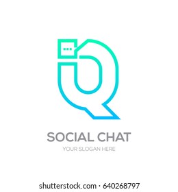 Letter Q with Chat logo line shape, Social Talk, Social media, Abstract speak, Square speech logotype