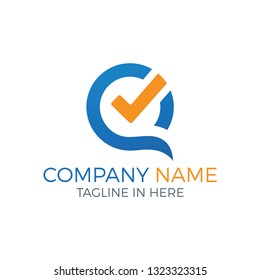 Letter Q with Check Mark Icon in Blue and Orange Color