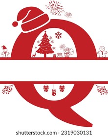 Letter Q, Q Christmas Monogram, Letter Q Silhouette with Christmas symbols, Christmas logo, Christmas Design for Print, Screen Print T-Shirt