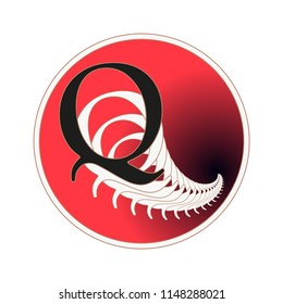 letter Q circular label with fractal spiral tail pattern in red and white
