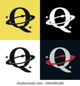 letter Q with a circular orbit, a planet and a star vector design