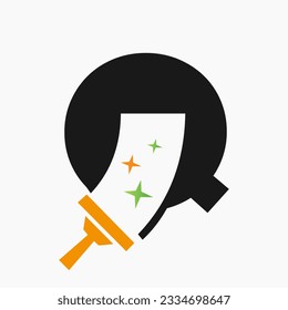 Letter Q Cleaning Service Logo Design Concept With Clean Brush Symbol. House Clean Sign