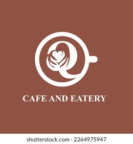 Letter Q with Coffee Flower Art and Cup for Cafe, Coffee Shop, Coffee Bean Company Logo Idea Template