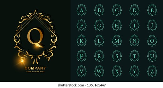 Letter Q or collection initial alphabet with luxury ornament floral frame golden logo template.