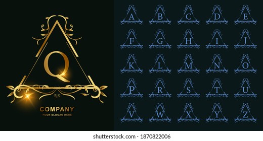 Buchstabe Q oder erste Alphabete mit luxuriöser Blumen-Rahmen goldener Logo-Vorlage für die Sammlung.