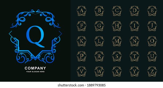 Letter Q or collection initial alphabet with luxury ornament floral frame golden logo template.