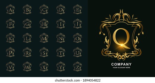 Letter Q or collection initial alphabet with luxury ornament floral frame golden logo template.