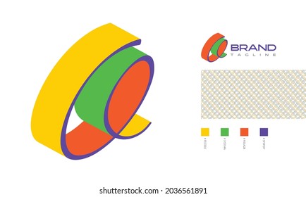 Letter Q colorful 3D side view logo with pattern and swatches for creative branding designs