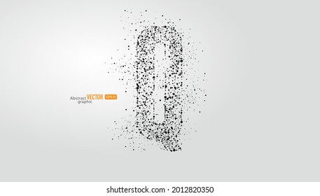 The letter Q is composed of particles on gray background. Abstract vector font material.