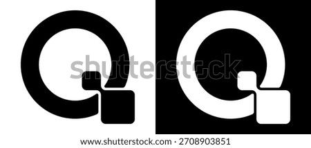 Letter Q concept as logo, icon or design element. Black shape on a white background and the same white shape on the black side.