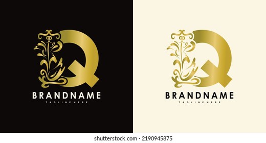 letra q con icono creativo flores oro