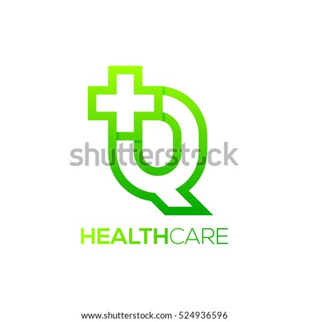 Letter Q cross plus logo Green color,Medical healthcare hospital Logotype