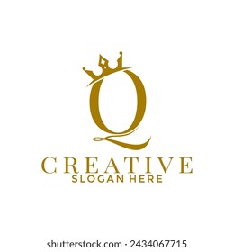 Letter Q with Crown logo, Simple Elegant Initial logo design template with gold color