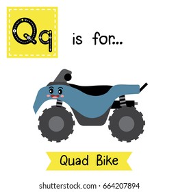 Letter Q süße Kinder bunte Beförderungen ABC-Alphabet Rückverfolgung Taschenkarte von Quad Bike für Kinder lernen Englisch Vokabular Vektorillustration Illustration.