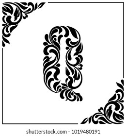 The letter Q. Decorative Font with swirls and floral elements. Vintage style