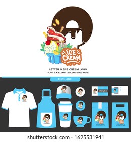 Letter Q Delicious Chocolate Ice Cream Cup Logo on White Background for Ice Cream Shop with Brand Identity Include Shirt. Apron. Hat. Cup. Pin. Glass. Business Card. Paper Bag