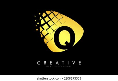 Letter Q Design with golden Shattered Blocks Vector Illustration. Pixel art of the Q letter logo. 