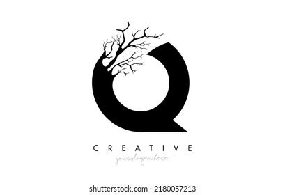 Letter Q Design Logo with Creative Tree Branch. Q Letter Tree Icon Logo  Vector Illustration.