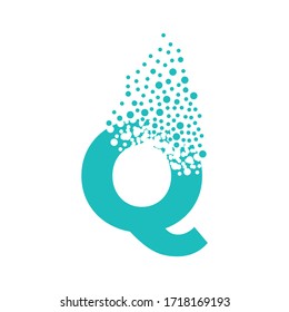 Letter Q dispersing into a cloud of bubbles.