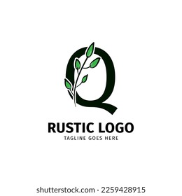 carta Q doodle leaf inicial elemento de diseño del logo del vector rústico
