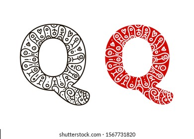 Letter Q with doodle patterns in hand drawing style isolated on white background. Coloring and illustration vector in lines. For inscriptions, naming, alphabet for children, initials.