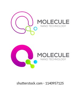 Letter Q with Dot and Curve ,Circles shape connected, Molecule and Nano Technology logotype, innovation tech, Medicine, Science, Laboratory, Cosmetics