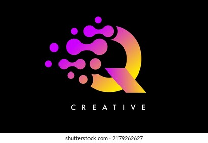 Letter Q Dots Logo Design with Purple Yellow Colors on Black Background Vector. Bubbles Letter Logo Icon Vector Illustration