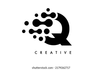 Letter Q Dots Logo Design with Black and White Colors on Black Background Vector. Bubbles Letter Logo Icon Vector Illustration