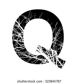  Letter Q double exposure with white tree isolated on black background.Vector illustration.Black and white double exposure silhouette lettering combined with photograph of nature. Letters  alphabet.