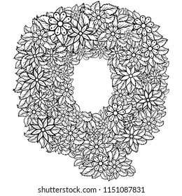 Letter Q. Dudling drawing, mandala. Alphabet in the style of dudling, letters of the alphabet. Drawing from the branches of leaves, flowers.