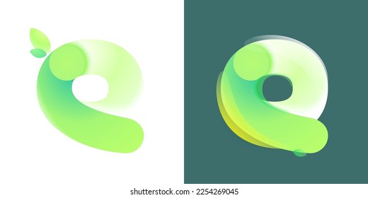 Letter Q eco logo with green gradient and leaf in Glassmorphism style. Environment friendly icon made of overlapping parts. Perfect for agriculture art, waste recycling app, healthy food packaging.