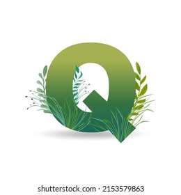 Letter Q in eco style with leaves, twigs and grass. For logo, icon, banner etc. Vector.
