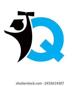 Letter Q Education Logo Design. Graduation Symbol With Human Holding Graduation Paper Icon