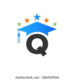 Letter Q Education Logo Initial Graduation Cap Concept. Education Logo Design Template With Q Letter Graduate Hat Vector Template